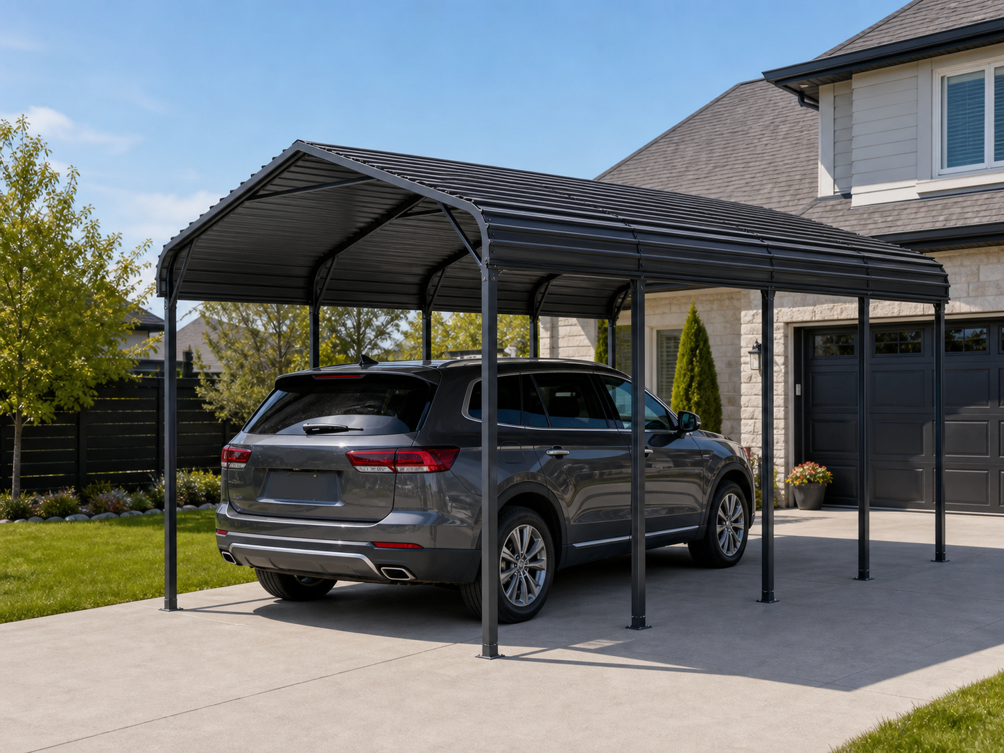 Steel parking shelter for a residential driveway