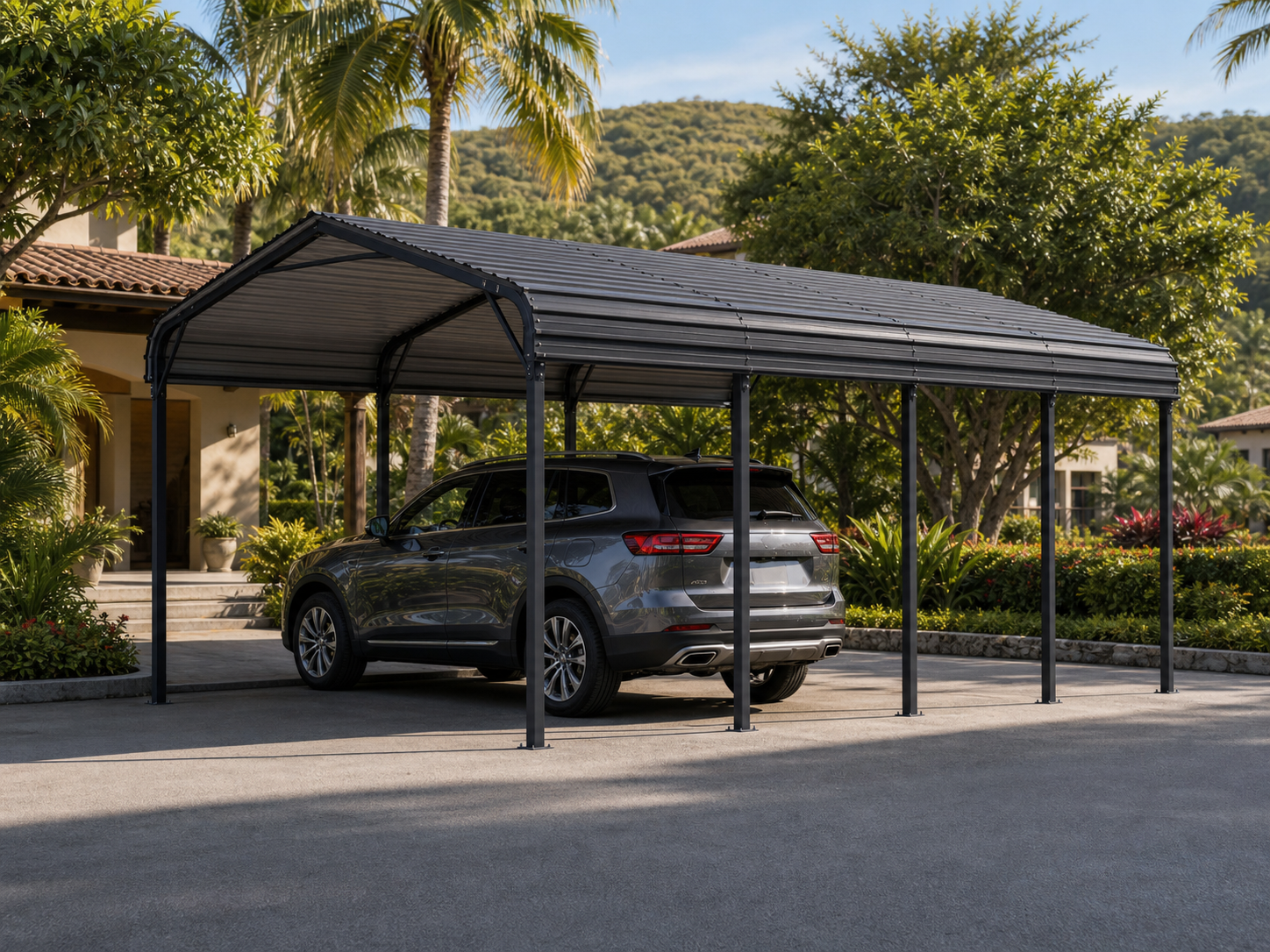 Steel parking shelter for hotel villa or resort parking