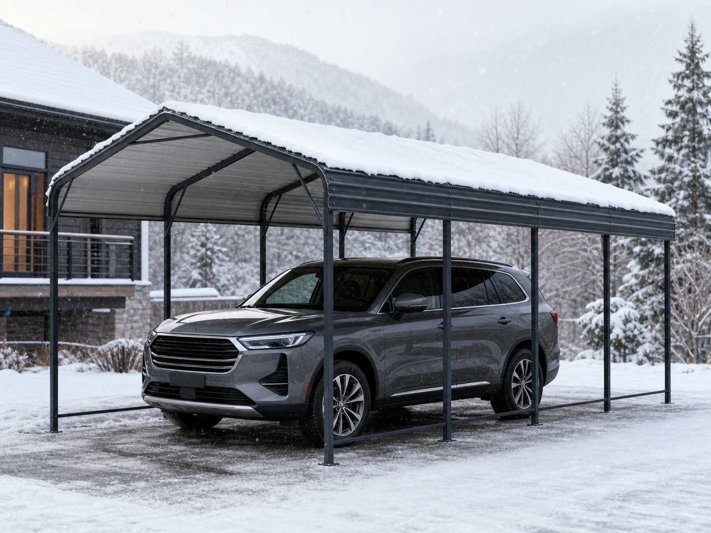 Steel parking shelter used in snowy weather